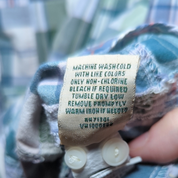 LL Bean Blue + Green Plaid Madras Patchwork Button Down Shirt Women's Size M - Picture 5 of 6